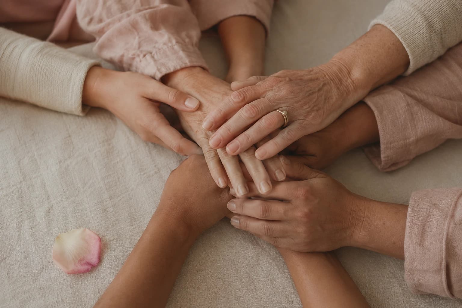 Manos de mujeres de distintas edades apoyadas unas en otras